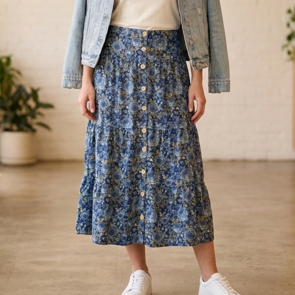 Sweet Salt Tiered Button Front Floral Maxi Skirt Size 4 Blue Boho A-line Cottage